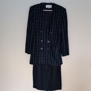 Vtg Collections By Michelle Stuart Plaid Blazer Skirt Set Navy Blue Purple - 4